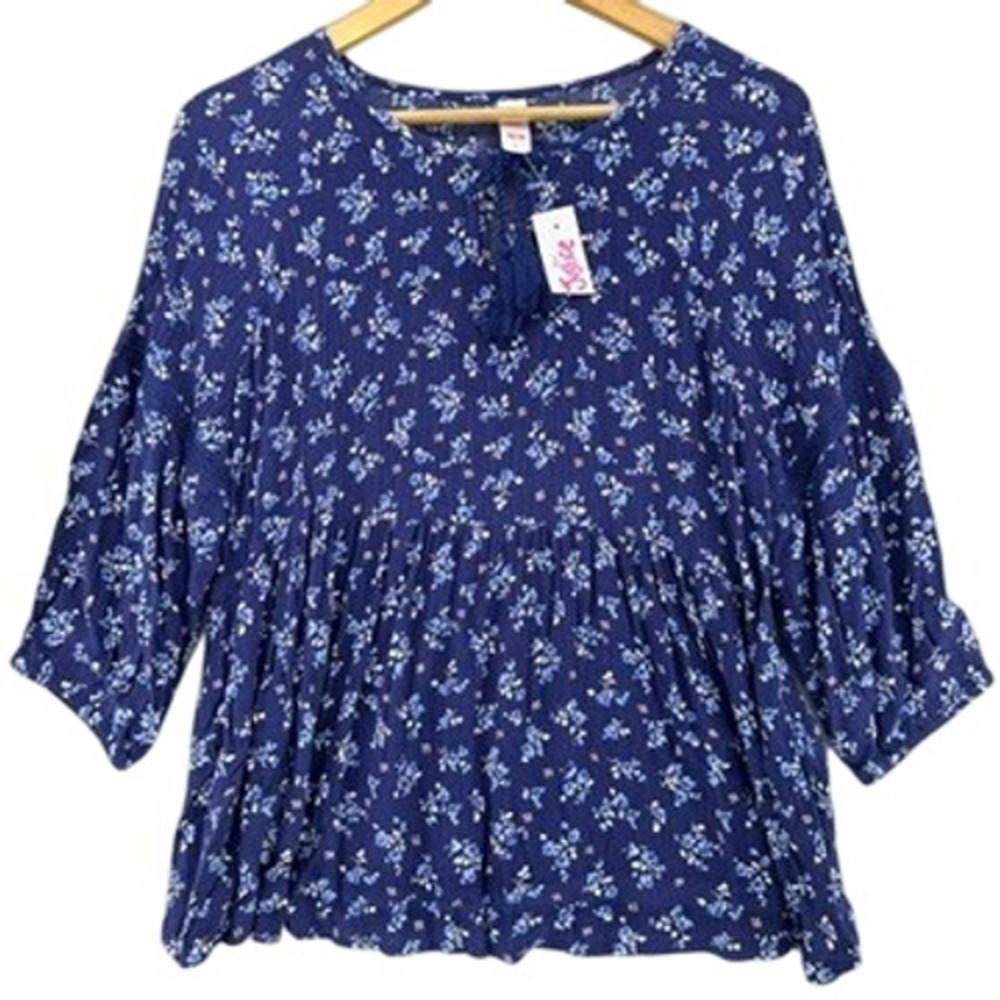 Justice Viscose Blue White Floral Tassel Tie Peplum Babydoll Top Blouse 8/20 2XL